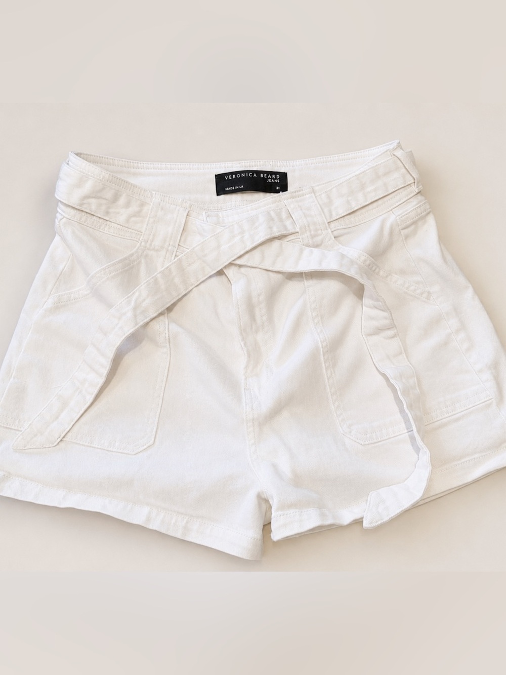 Veronica Beard Cream High-Waist Tie-Belt Shorts